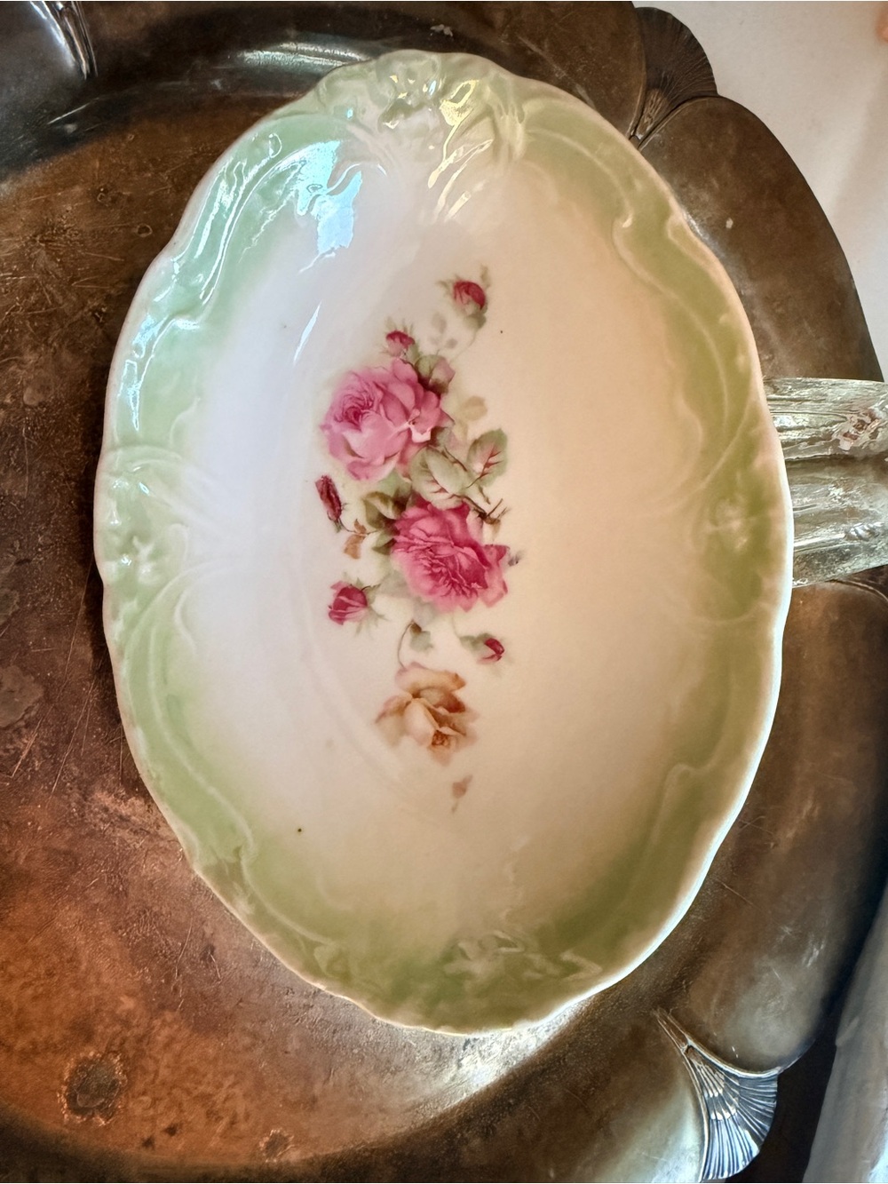 Vintage Bavaria Germany Pink Rose Porcelain Serving Dish Green Rim